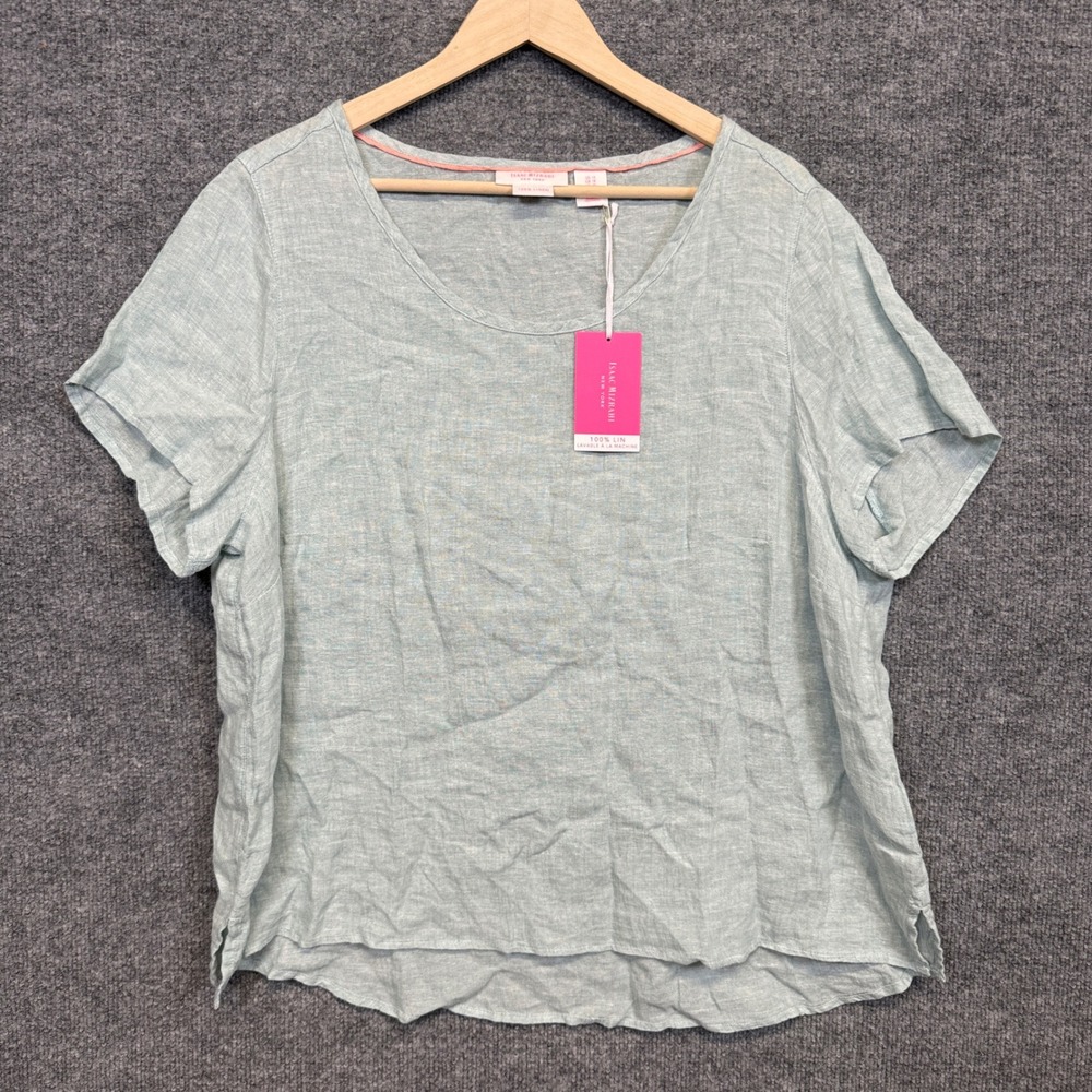 Isaac Mizrahi New York Plus  1X Top Light Green Linen Natural Fiber Boxy Beachy